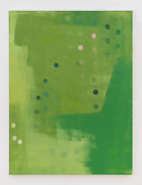 A green painting with circles, made by Sharon Butler