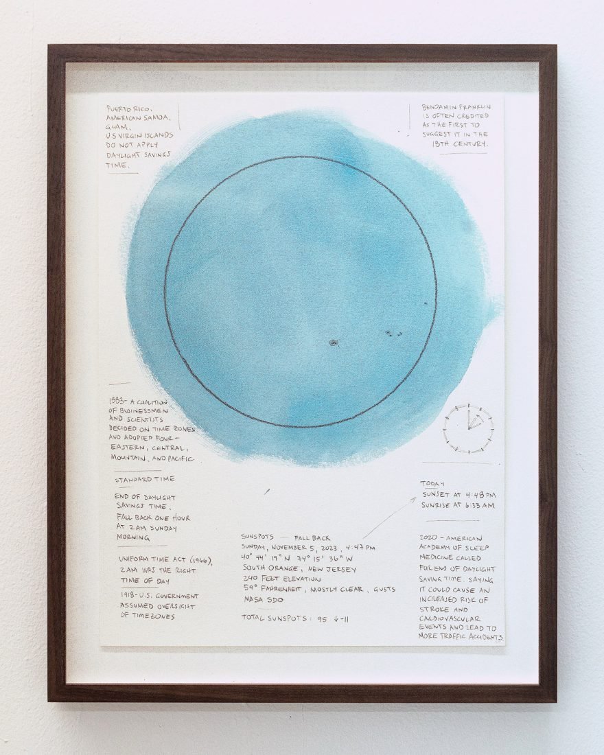 Matthew Deleget, Sunspots - Fall Back, Sunday, November 5, 2023, 4:47pm, 2023, Gouache and graphite on cold press watercolor paper, 15 x 11 inches unframed, 18 x 14 inches framed