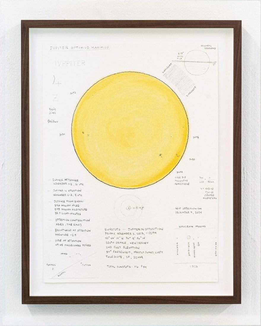 Matthew Deleget, Sunspots - Jupiter in Opposition, Friday, November 3, 2023, 1:02pm, 2023, Gouache and graphite on cold press watercolor paper, 15 x 11 inches unframed, 18 x 14 inches framed
