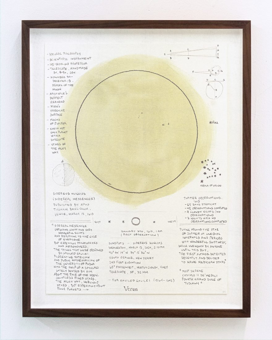 Matthew Deleget, Sunspots - Sidereus Nuncias, Wednesday, March 13, 2024, 2:10pm, 2024, Gouache and graphite on cold press watercolor paper, 15 x 11 inches unframed, 18 x 14 inches framed