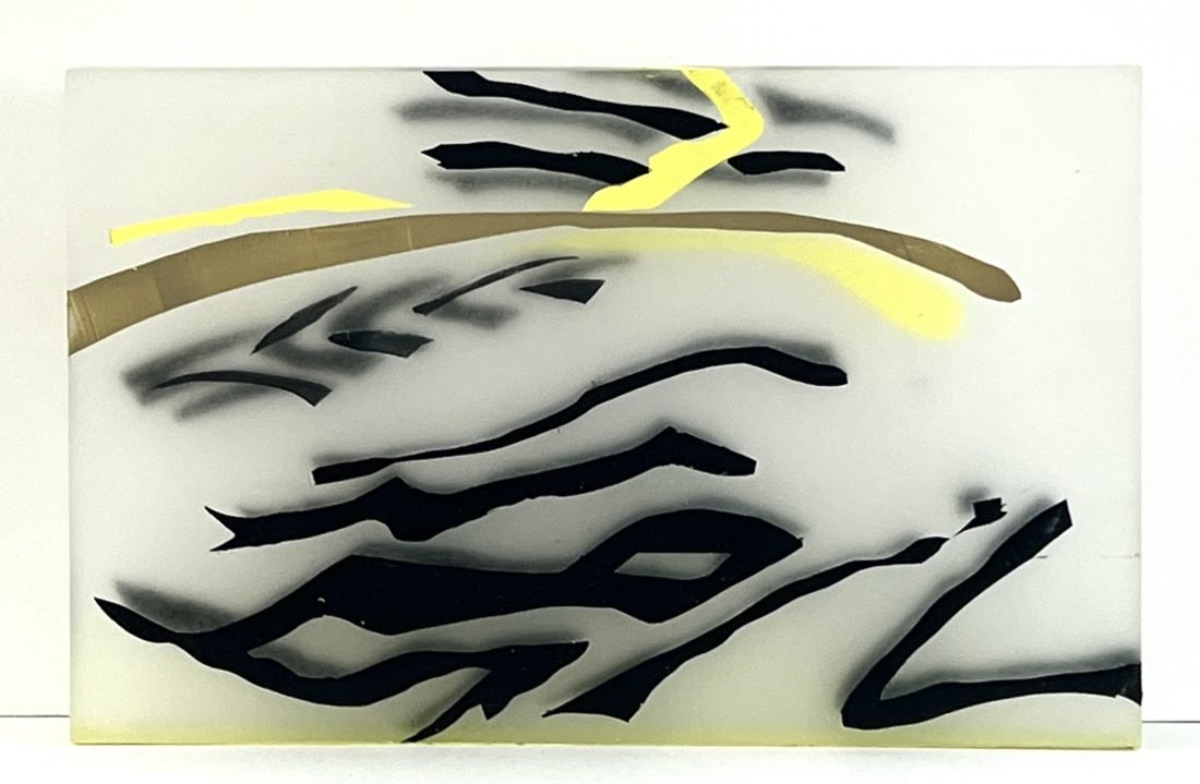 Abstract painting with yellows and black on translucent panel by Debra Ramsay.